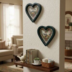 Home Interiors Set 2 Heart Shaped Framed Art Bird Nest Floral Wall Decor HomeCo